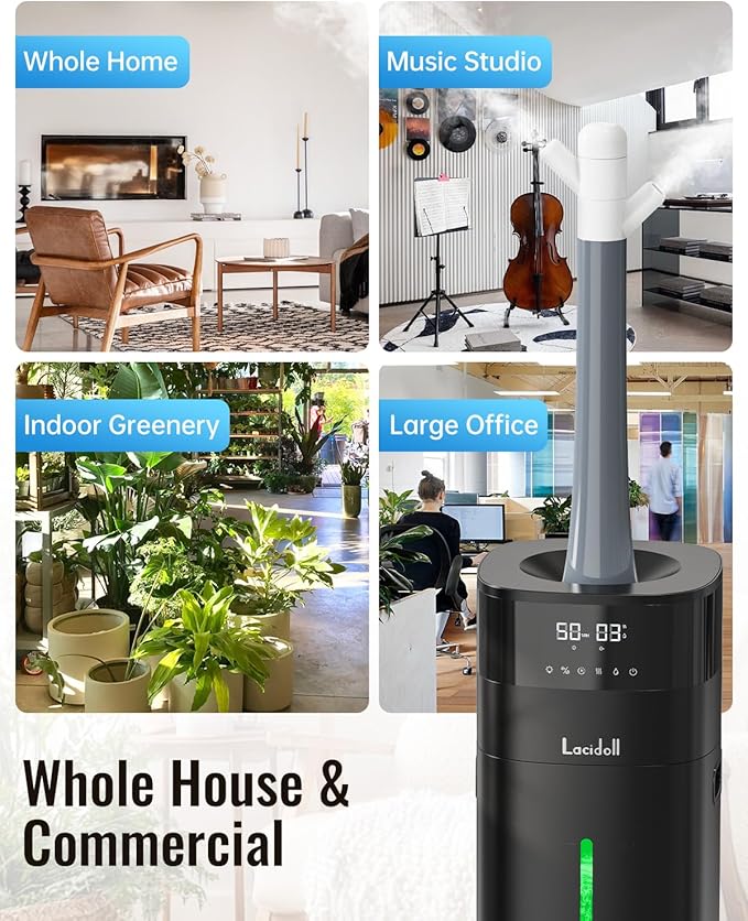 Lacidoll Humidifier Large Room, 5.3Gal/20L Humidifiers for Home 2500 sq ft, Cool Mist Whole House Humidifiers with Diffuser Extended Tube, Top Fill Air Humidifier for Bedroom Nursery Baby Plants Black