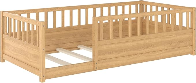 Bellemave Twin Size Floor Bed with High Fence, Wood Montessori Bed with Slats and Guardrails, Montessori Floor Beds Frame for Kids, Girls, Boys, Natural