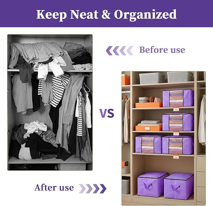 90L Clothes Blanket Storage Bags, 6 Pack Under Bed Storage Bins with Lids, Foldable Closet Organizer with Reinforced Handles for Clothing, Blanket, Comforters, Bed Sheets, Pillows and Toys, Purple