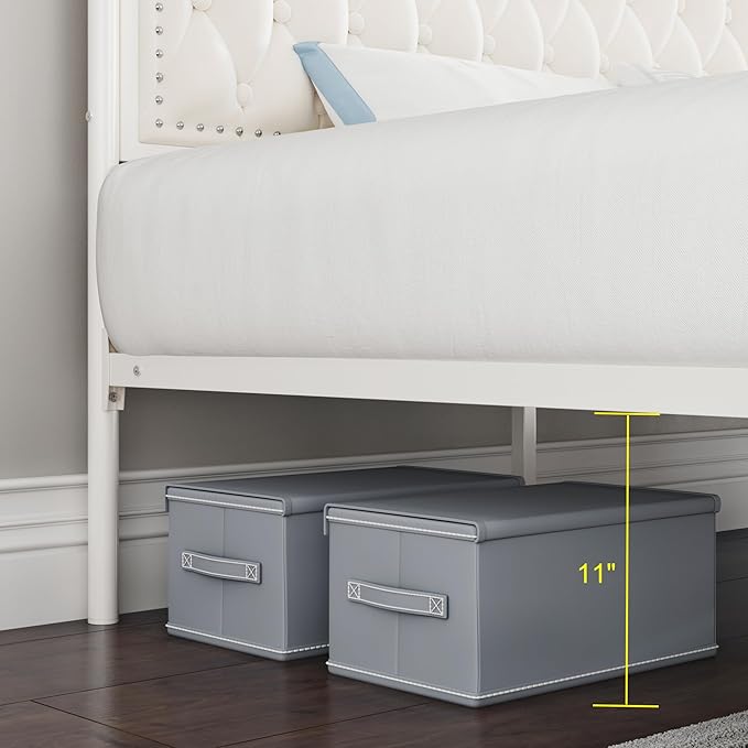 Keyluv Full Upholstered Canopy Bed Frame with 2 Drawers and Button Tufted Headboard, Metal Platform Bed with 4 Removable Posts, Two-Purpose Velvet Bed No Box Spring Needed, Beige/Curtains Not Included