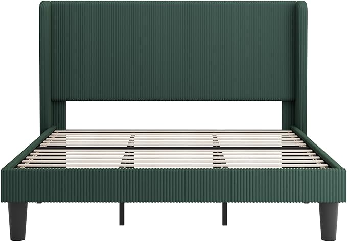 SHA CERLIN King Size Corduroy Upholstered Platform Bed Frame with Vertical Channel Tufted Wingback Headboard, 8" Under Bed Storage, Wooden Slats & Metal Frame Support, Easy Assembly, Dark Green