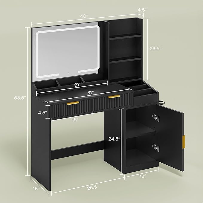 YITAHOME Large Makeup Vanity Desk with Mirror and Lights, Fluted Vanity Table with 2 Drawers & Adjustable Shelves, Makeup Mirror in 3 Modes Lighting, Dressing Table Set w/Charging Station, Black