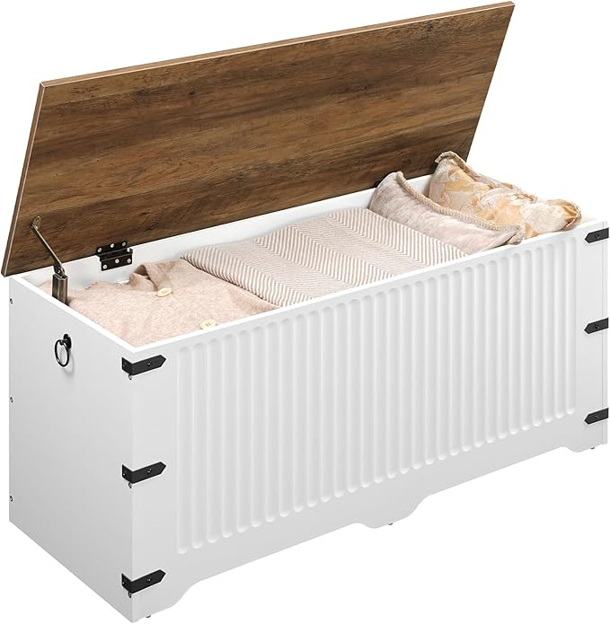 HOOBRO Storage Bench, Toy Box Organizer, Toy Chest with Safety Hinge, Farmhouse Style Storage Chest, 39.3 x 15.7 x 17.7 Inches for Living Room, Bedroom, Entryway, White and Walnut WH26CW01