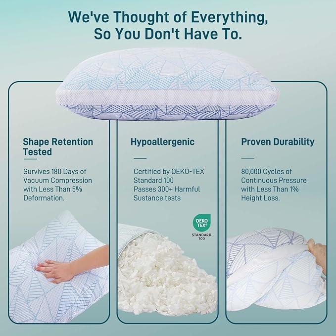 Cotelovo Shredded Memory Foam Cooling Soft Bamboo Viscose Pillows Adjustable Hypoallergenic Hotel Quality Pillows for Stomach, Back or Side Sleeper, Oeko-TEX Certified Queen Size Set of 2