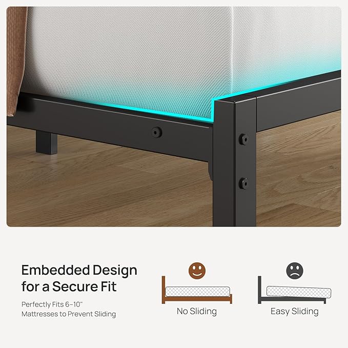 Rolanstar Full Size Bed Frame with Charging Station, LED Full Bed Frame with Upholstered Storage Headboard, Platform Bed with Metal Slats & Under Bed Storage, No Box Spring Needed, Noise Free, Grey