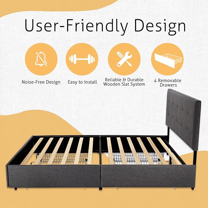 SHA CERLIN Upholstered King Size Platform Bed Frame with 4 Storage Drawers, Adjustable Headboard with Square Stitched Button Tufted Design, Wooden Slat Support, No Box Spring Needed, Dark Grey
