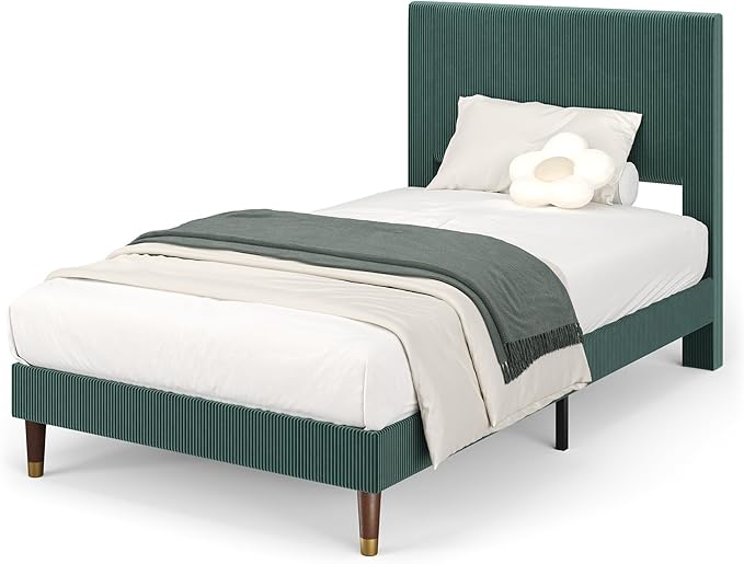 GarveeHome Twin Size Bed Frame with Upholstered Headboard and Strong Wooden Slats Support, Soft Corduroy Fabric Platform Bed, No Boxing Spring Needed, Easy Assembly, Dark Green