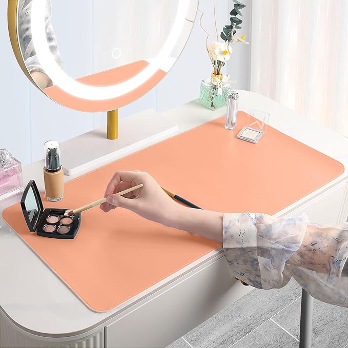 Makeup Mat for Vanity to Protect Desk Top 31.5 x 15.7 in, Dual-Sided Makeup Mat, Easy to Clean Desk Pad - Waterproof and Oilproof Vanity Accessories (Peach and Grey)