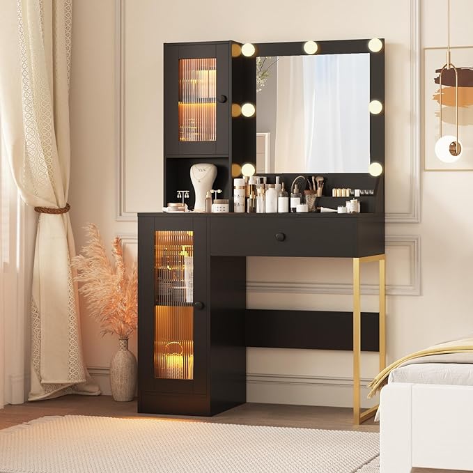 IDEALHOUSE Makeup Vanity Desk with Mirror and Lights, Vanity Table with Charging Station, 2 Open Compartments, 2 Acrylic-Door Cabinets, and RGB Lights Wood Dressing Table for Bedroom