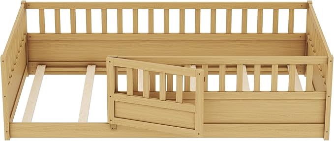 Bellemave Twin Size Floor Bed with Fence and Door, Montessori Floor Bed with Slats, Twin Size Montessori Beds for Kids, Girls, Boys, Natural