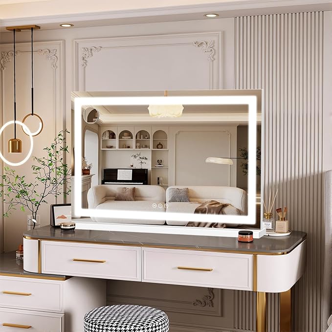 Vanity Mirror with Lights 32"x20", LED Makeup Mirror, 3 Color Lighting Modes, 10X Magnification, Smart Touch Control, Dimmable, Aluminum Metal Frame, Lighted Up for Vanity Desk (White)