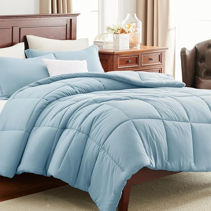 CozyLux Full Size Comforter Sets - 270GSM Light Blue Bedding Sets for All Seasons, 3 Pieces Box Stitched Bed Set with 1 Down Alternative Comforter and 2 Pillow Shams, Soft, Lightweight, Breathable