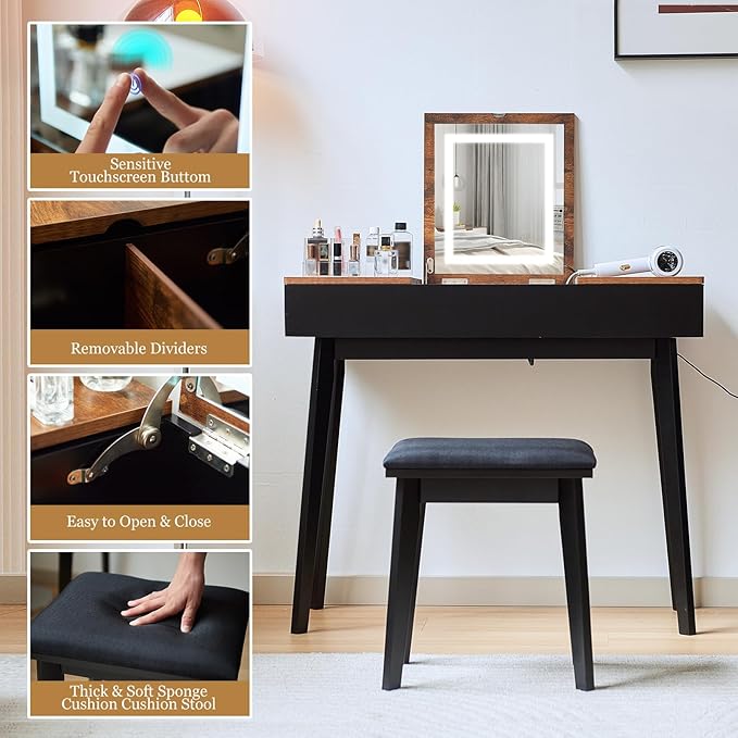 Vanity Desk, Flip Top Makeup Vanity Table with Power Outlet, Makeup Vanity Desk with Mirror & LED Light, Rustic Vanity Set with Cushioning Stool, Vintage Vanity for Bedroom, Black Brown