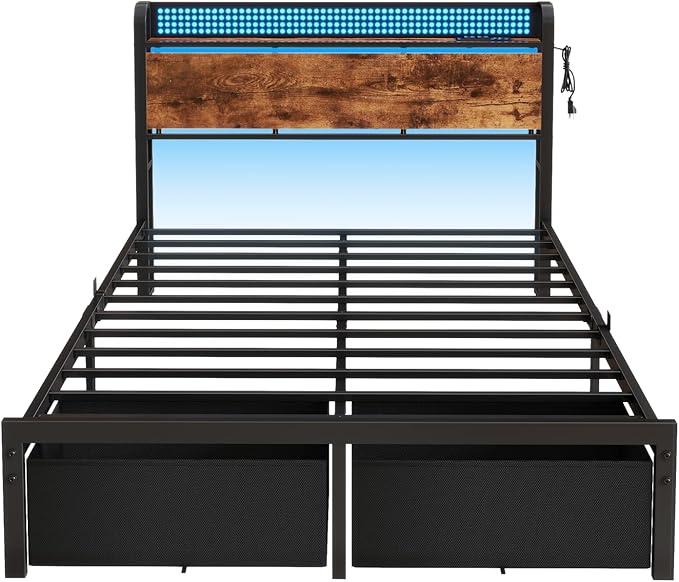 Furnulem Full Size Bed Frame with Headboard Storage, Platform Bed Frame Full Size with 2 Drawers, Charging Station and LED Lights, No Box Spring Needed, Noise Free, Easy Assembly (800 lbs Capacity)