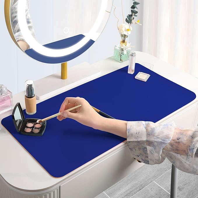 Makeup Mat for Vanity to Protect Desk Top 23.6 x 11.8 in, Dual-Sided Makeup Mat, Easy to Clean Desk Pad - Waterproof and Oilproof Vanity Accessories (Navy Blue and Yellow)