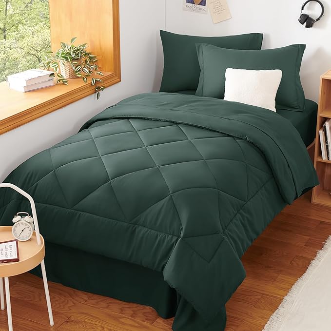 CozyLux Twin XL Comforter Set Forest Green - 5 Pieces Twin Extra Long Bed in a Bag for College Dorm, All Season Bedding Set for Girls and Boys, Soft Bed Set with Comforter, Sheets, Pillowcase & Sham