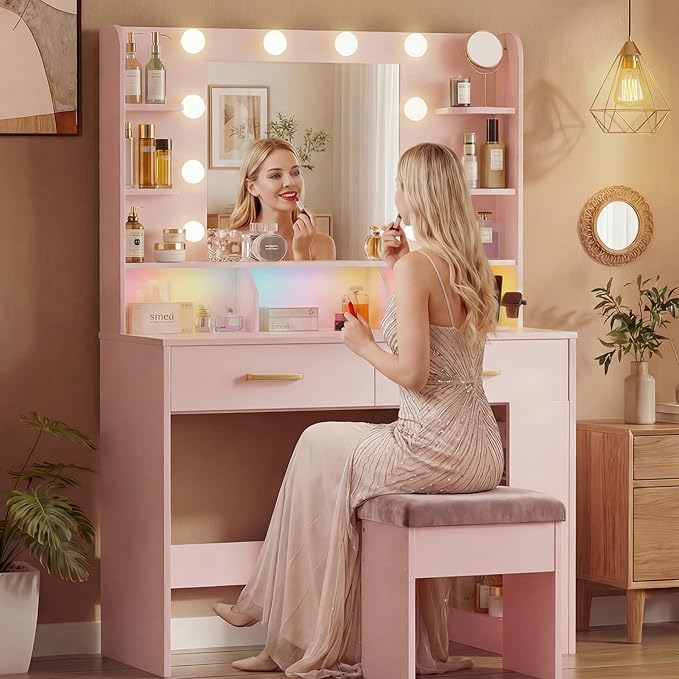 LUCKRACER Vanity Desk with LED Lights Mirror & Charging Station, Makeup Vanity with Storage Drawers and Shelves, Modern Dressing Table for Women Girls Bedroom, Pink