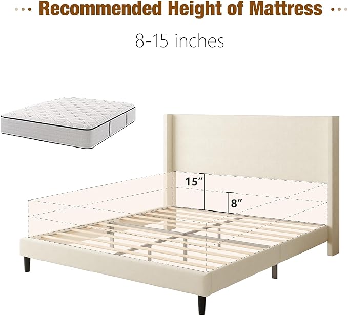 Sismplly Full Bed Frame with Wingback Headboard, Velvet Upholstered Platform Bed with Wooden Slats, 6.46“ Under Bed Storage, Metal Support, Noise Free, No Box Spring Needed, Beige