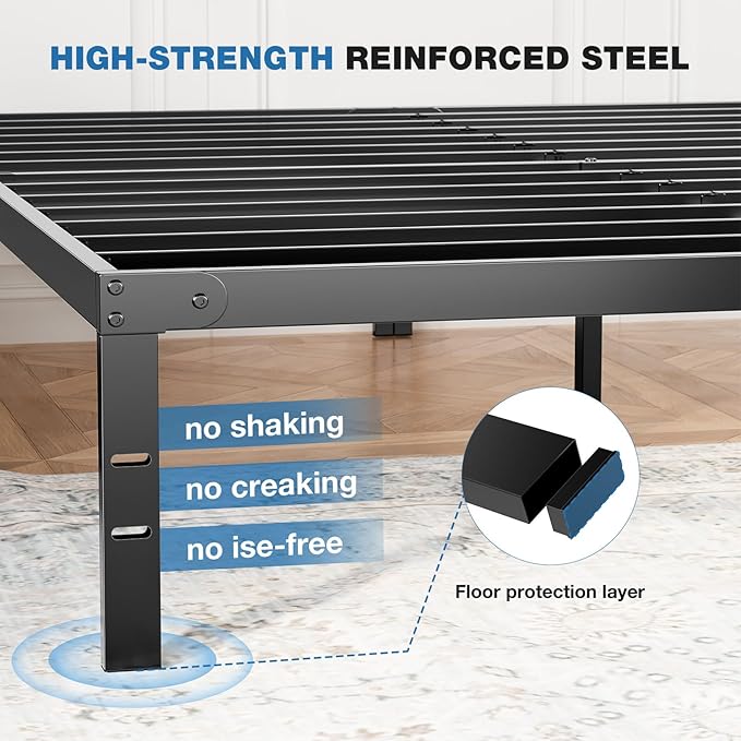 OLIXIS Metal Full Bed Frame - 14in High with Storage Space, No Box Spring Needed with Sturdy Steel Slat Support, 2200LBS Heavy Duty for Easy Assembly, Black for Bedroom