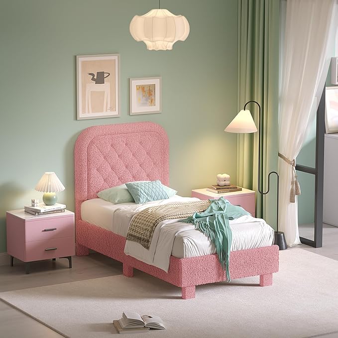 VINGLI Twin Bed with Headboard,Soft Frame Cloud Bed Frame with Sturdy Wood Slats Support,Upholstered Boucle Cream Platform Soft Bed with Rounded Corners,for Kids Teens Adults, Pink