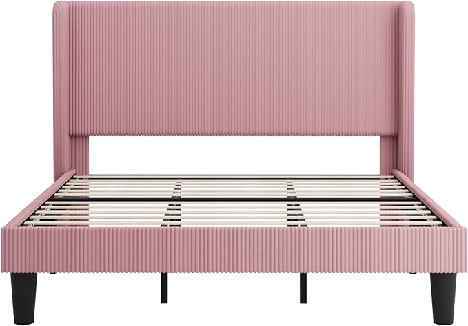 SHA CERLIN King Size Corduroy Upholstered Platform Bed Frame with Vertical Channel Tufted Wingback Headboard, 8" Under Bed Storage, Wooden Slats & Metal Frame Support, Easy Assembly, Light Pink