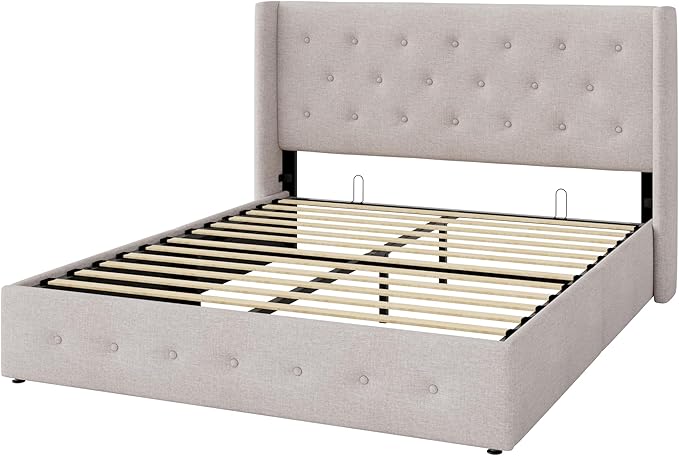 Allewie Queen Size Lift Up Storage Bed, Button Tufted Headboard with Wingback, Hydraulic Support, No Box Spring Needed, Light Beige