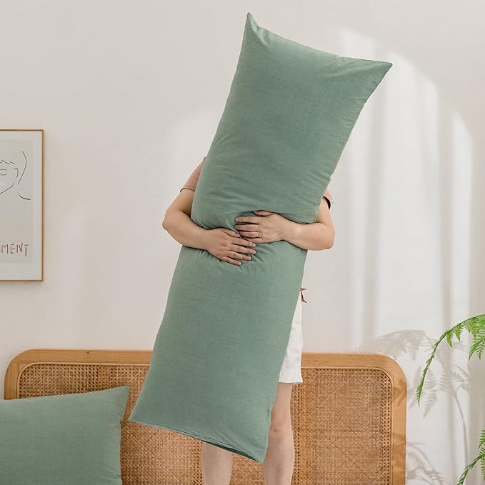BESTOUCH 100% Washed Cotton Pillowcase for Hair and Skin Linen Feel Soft Comfortable Breathable 1 Pcs Pillow Case with Envelope Closure Solid Green Body 20x54 Inches