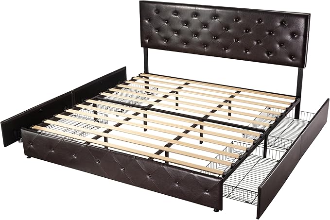 Allewie Upholstered King Size Platform Bed Frame with 4 Storage Drawers and Headboard, Diamond Stitched Button Tufted, Mattress Foundation with Wooden Slats Support, Black Brown