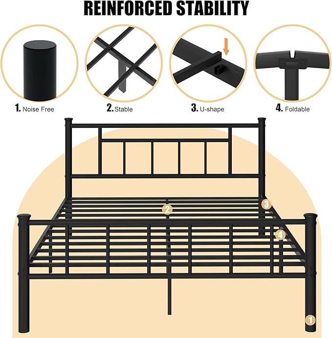 Shintenchi Queen Size Metal Platform Bed Frame with Headboard & Footboard, Steel Slat Mattress Foundation, Under Bed Storage, Noise-Free, No Box Spring Needed, Black Square