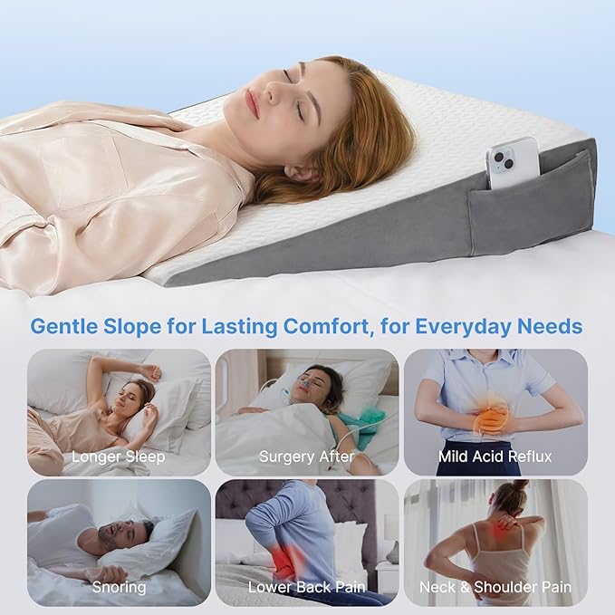 Vekkia 24" x 24" x 5.5" Bed Wedge Pillow for Sleeping – Triangle Pillow for Sleep Apnea, Acid Reflux, Snoring & Back Support, Post-Surgery Recovery, with Pockets & Washable Cover