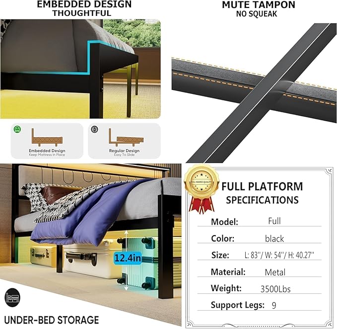 J.Fkne Full Bed Frames with Charging Station and LED Lights, Full Size Platform Bed with Metal Slats, Upholstered Headboard with 2-Tier Storage Shelves, No Box Spring Needed, Easy Assembly, Black