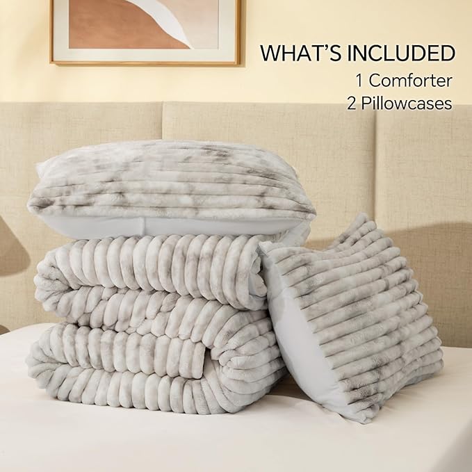 BEDELITE Fleece Twin Comforter Set -Super Soft & Warm Fluffy Grey&White Bedding, Luxury Fuzzy Heavy Bed Set for Winter with 1 Pillow case