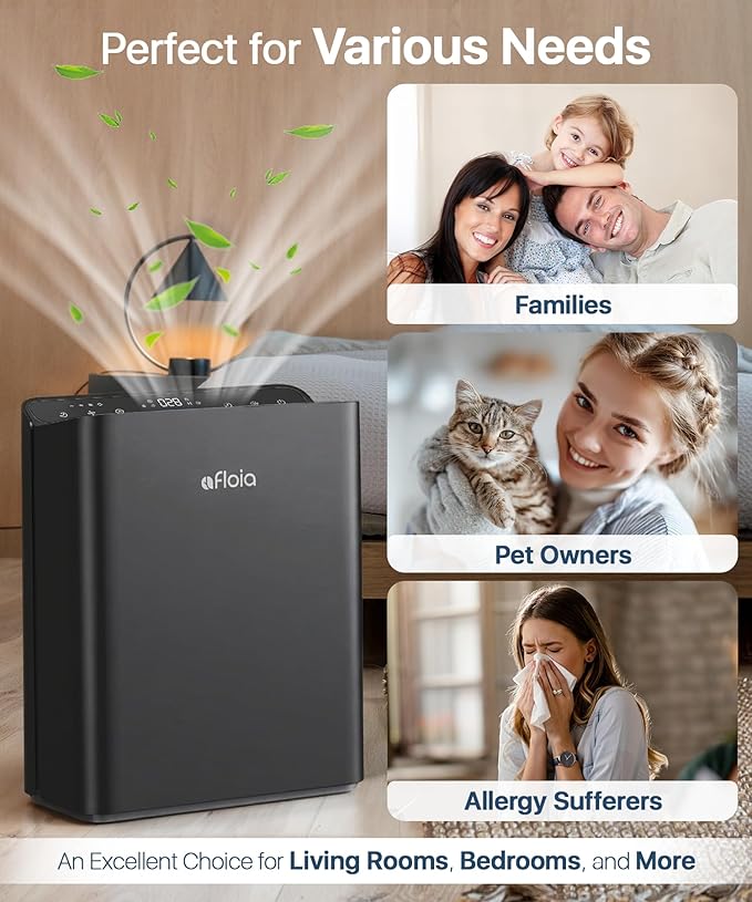 Afloia Air Purifiers for Bedroom Home Large Room Up to 2000Ft², 3-Stage Efficient Filter with Laser Air Quality Sensor for Pets Hair Dander Pollen Allergies Dust Mold Odor Smoke, Black