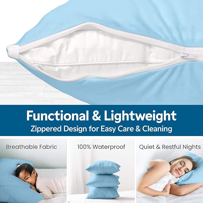 Guardmax Waterproof Pillow Protector Light Blue King Size - Zippered Bed Bug Pillow Protector 6 Pack - Hypoallergenic Pillow Case Cover Protects from Bedbug, Dust Mite, and Liquid Spills - (20 X 36)
