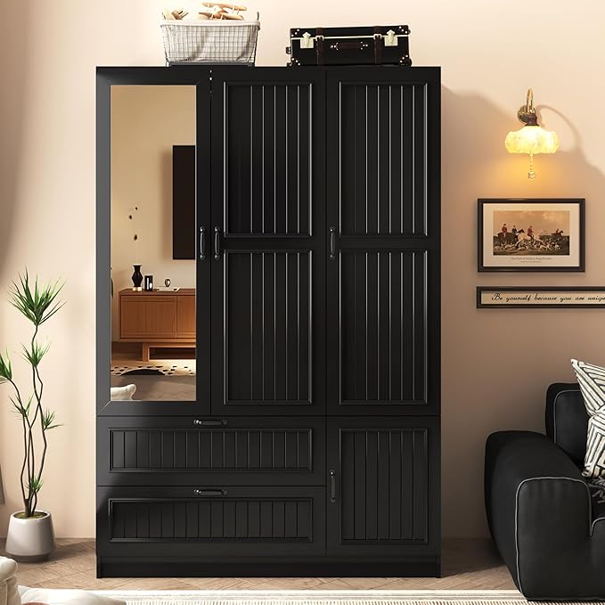 Squireewo Vertical Grooved Style 3 Doors Wardrobe Closet Armoire with Mirrors and LED Lights, 70.3" H Modern Wooden Bedroom Armoires with 2 Drawers, Large Capacity Freestanding Armoire, Black