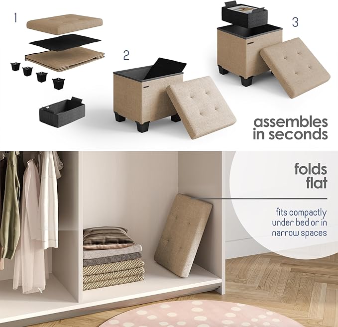 Storage Ottoman Cube with Small Bin, 15-in Square Ottoman with Storage for Living Room and Bedroom, Small Ottomans Foot Rest, Fabric Foot Stools Ottomans Max 330lbs, Taupe