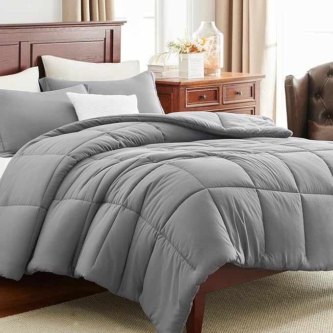 CozyLux Full Size Comforter Sets - 270GSM Grey Bedding Sets for All Seasons, 3 Pieces Box Stitched Bed Set with 1 Down Alternative Comforter and 2 Pillow Shams, Soft, Lightweight, Breathable
