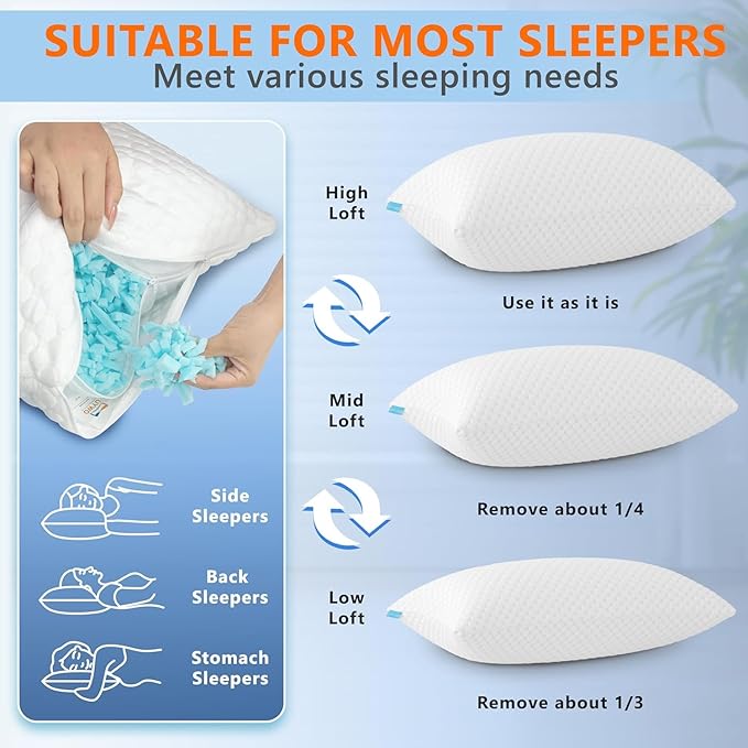 UYWO Cooling Memory Foam Pillows Firm and Soft, King Size 1 Pack, Original Adjustable Pillows for Side, Back or Stomach Sleepers with Removable Washable Cover