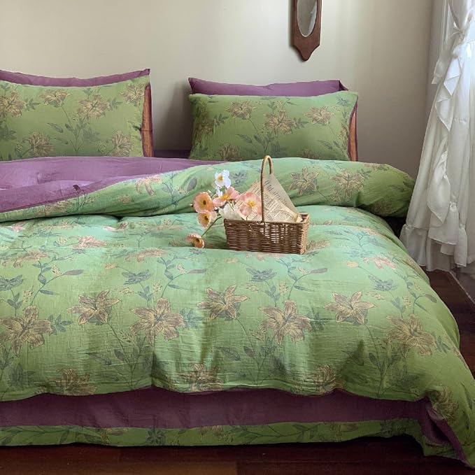 VM VOUGEMARKET Green Duvet Cover Set Full,Lily Flower Jacquard Duvet Cover with 2 Pillowcases 3Pcs Yarn-Dyed Linen Cotton Green Purple Bedding Set for Teens Girls Without Comforter-80 x90