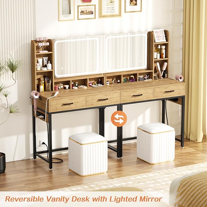 Small Vanity Desk, Vanity Desk with Mirror and Lights, Makeup Vanity Desks with Power Strip, Vanity Table with Drawers and Shelves, Adjustable Lighting, Dressing Table for Bedroom Room, Nature Oak