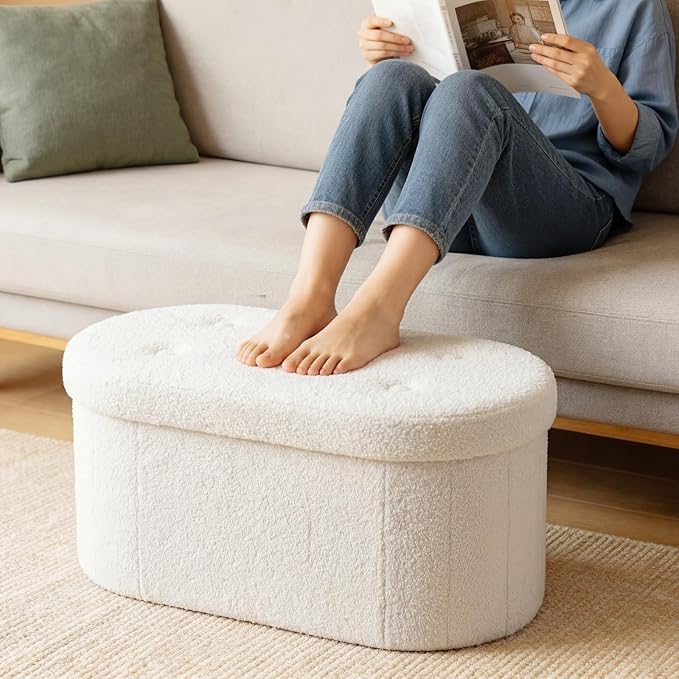 DUMOS Folding Storage Ottoman Bench, Oval Round Ottoman End of Bed Foot Rest Bench Stool with Cushion, Storage Chest for Bedroom, Living Room, Entryway, Dorm, Teddy Fabric, White