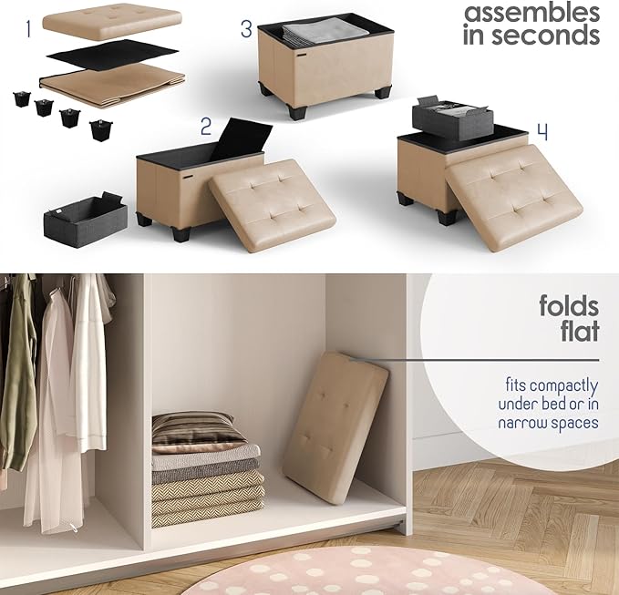 Storage Ottoman Cube with Small Bin, 16-in Square Ottoman with Storage for Living Room and Bedroom, Small Ottomans Foot Rest, Leather Foot Stools Ottomans Max 330lbs, Taupe