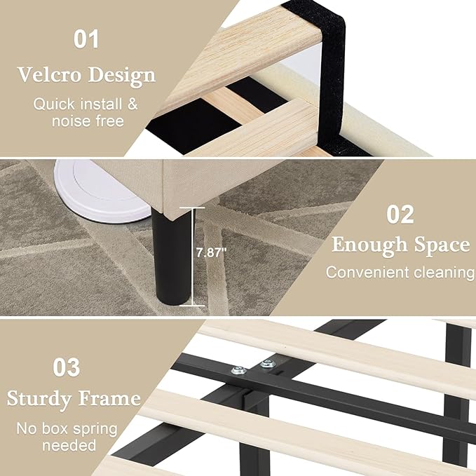VECELO Full Size Platform Bed Frame with Fabric Upholstered Headboard and Wooden Slats Support, No Box Spring Needed/Easy Assembly,Light Beige