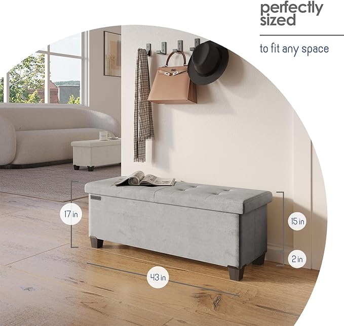 Storage Ottoman Bench with Bins, 43-in Storage Bench for Bedroom End of Bed, Folding Foot Rest Ottoman for Living Room Max 660lbs, Velvet Ottomans, Light Grey