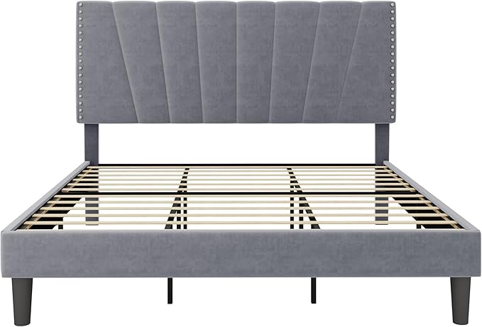 Allewie King Size Bed Frame with Adjustable Velvet Upholstered Headboard, Rivet-Style Nailhead Trim Detail Platform Bed Frame, Wooden Slat Support, No Box Spring Needed, Easy Assembly, Grey