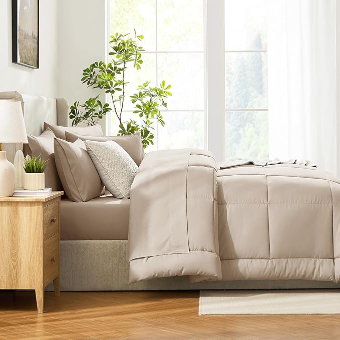 CozyLux King Size Comforter Set Wheat, 7 Pieces Bed in a Bag, Wheat Comforter King Size, All Season Bedding Sets with Stitch Quilted Comforter, Flat Sheet, Fitted Sheet, Pillowcases