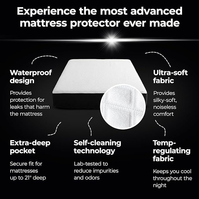 Silvery Silver Infused Cooling Mattress Protector - Breathable Waterproof Protection Against Spills & Stains - Hypoallergenic Ultra Soft Fabric with Extra Deep 21” Pockets