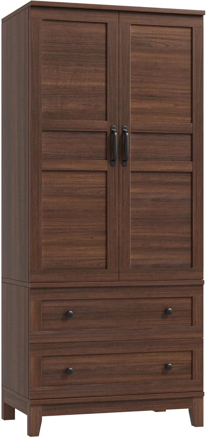 IDEALHOUSE 72" Armoire Wardrobe Closet with 2 Drawers, Heavy Duty Wooden Clothing Storage Cabinet with Hanging Rod and Adjustable Shelves, Large Bedroom Armoire with Doors, Walnut