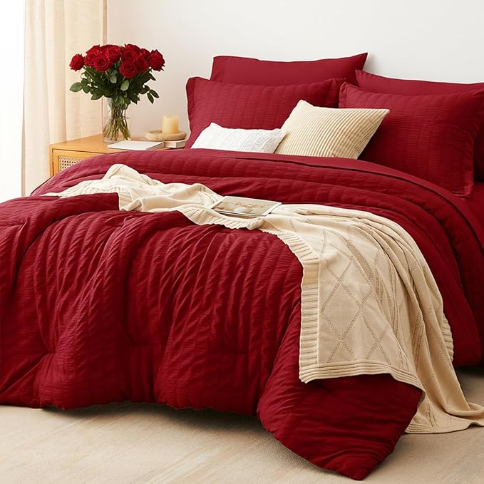 CozyLux Twin XL Comforter Set with Sheets Seersucker Dark Red 5 Pieces Bed in a Bag, Twin Extra Long Luxury Bedding Sets for College Dorm with Down Alternative Comforter, Sheets, Pillowcase & Sham