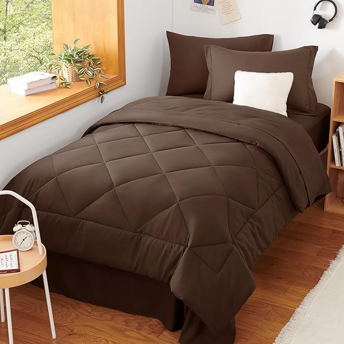 CozyLux Twin Comforter Set with Sheets Brown - 5 Pieces Bed in a Bag Twin, All Season Bed Set for Girls and Boys, Bedding Set with Down Alternative Comforter, Sheets, Pillowcase & Sham